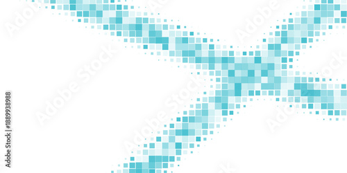 Abstract blue pixel wave background composed of small square elements forming a flowing digital curve on white space. This modern geometric design symbolizes data flow,