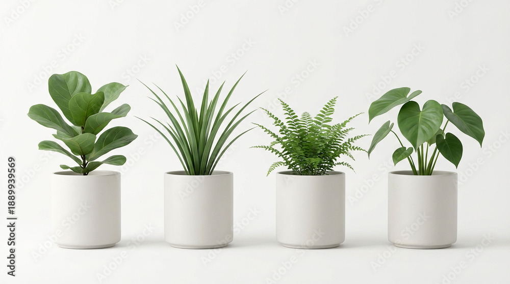 Fototapeta premium Four Potted Plants on White Background.