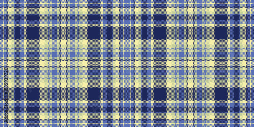 Platform textile vector texture, formal plaid fabric check. Neutral pattern tartan background seamless in blue and yellow colors.