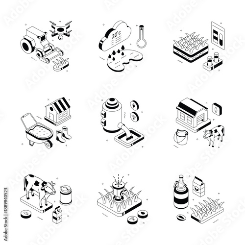 A vibrant isometric illustration showcasing modern farm technology, including tractors, crops, and livestock, ideal for agricultural innovation concepts