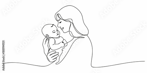 A mother lovingly cradles her baby in a continuous line drawing