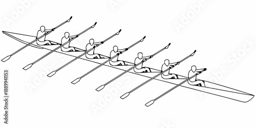 A black and white illustration depicting a rowing team in a shell