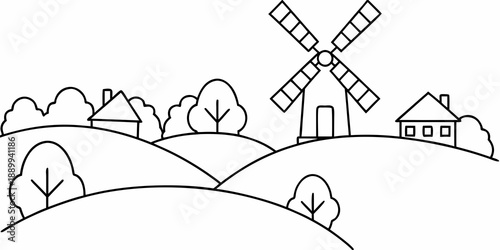 Simple line drawing of a rural landscape with a windmill and houses