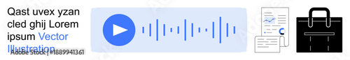 Audio services, data analysis, file management, communication tools, business strategy, sound recording. Blue play button with audio waves, documents and a black briefcase. Audio services and data