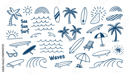 Summer Beach Doodle Elements Palm Trees Surfboards Waves Sun Rainbows vector illustration