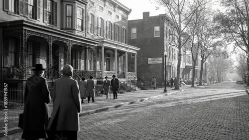 Historical street life scene with african american people walking past community cultural center, showcasing black heritage and urban activity
