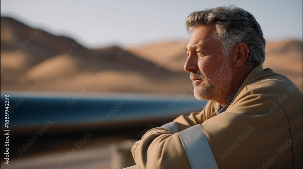 Fototapeta premium Sustainable energy planning includes monitoring a pipeline operating in desert regions, ensuring safety, efficiency, and environmental protection. cinematic color correction, natural uneven
