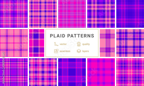 This striking neon pink and purple plaid pattern offers a vibrant, seamless tartan design. Ideal for modern textile prints, retrothemed graphics, and eyecatching digital backgrounds.