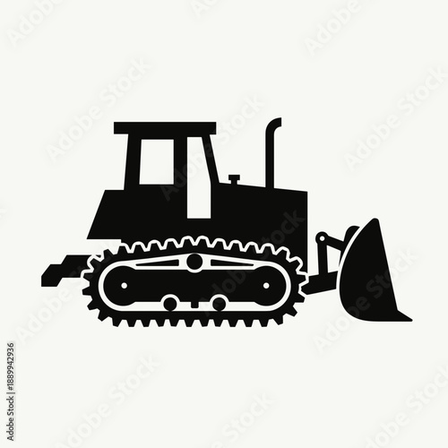 Black silhouette of bulldozer on light background, representing construction machinery, heavy equipment, or land development. Useful for construction industry marketing materials.