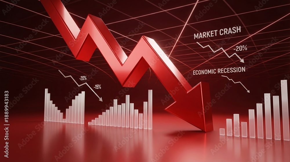 Naklejka premium 3d red arrow crashing down with falling stock market bar charts, economic recession, financial crisis and market crash illustration