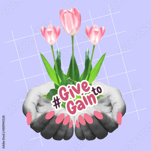 A collage of halftone hands and pink tulips