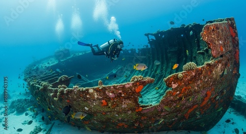 Scuba diver exploring a sunken ship underwater with vibrant marine life.
