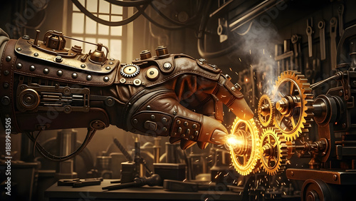 Steampunk robotic hand assembling glowing golden gears in workshop