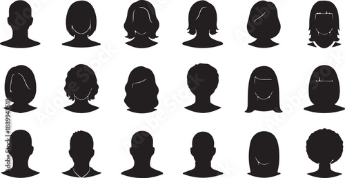 Diverse collection of black silhouette profile icons representing various people and hairstyles