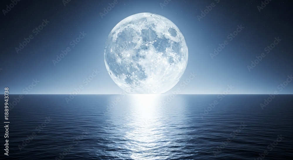 Fototapeta premium Full moon shining brightly over calm ocean waters at night.