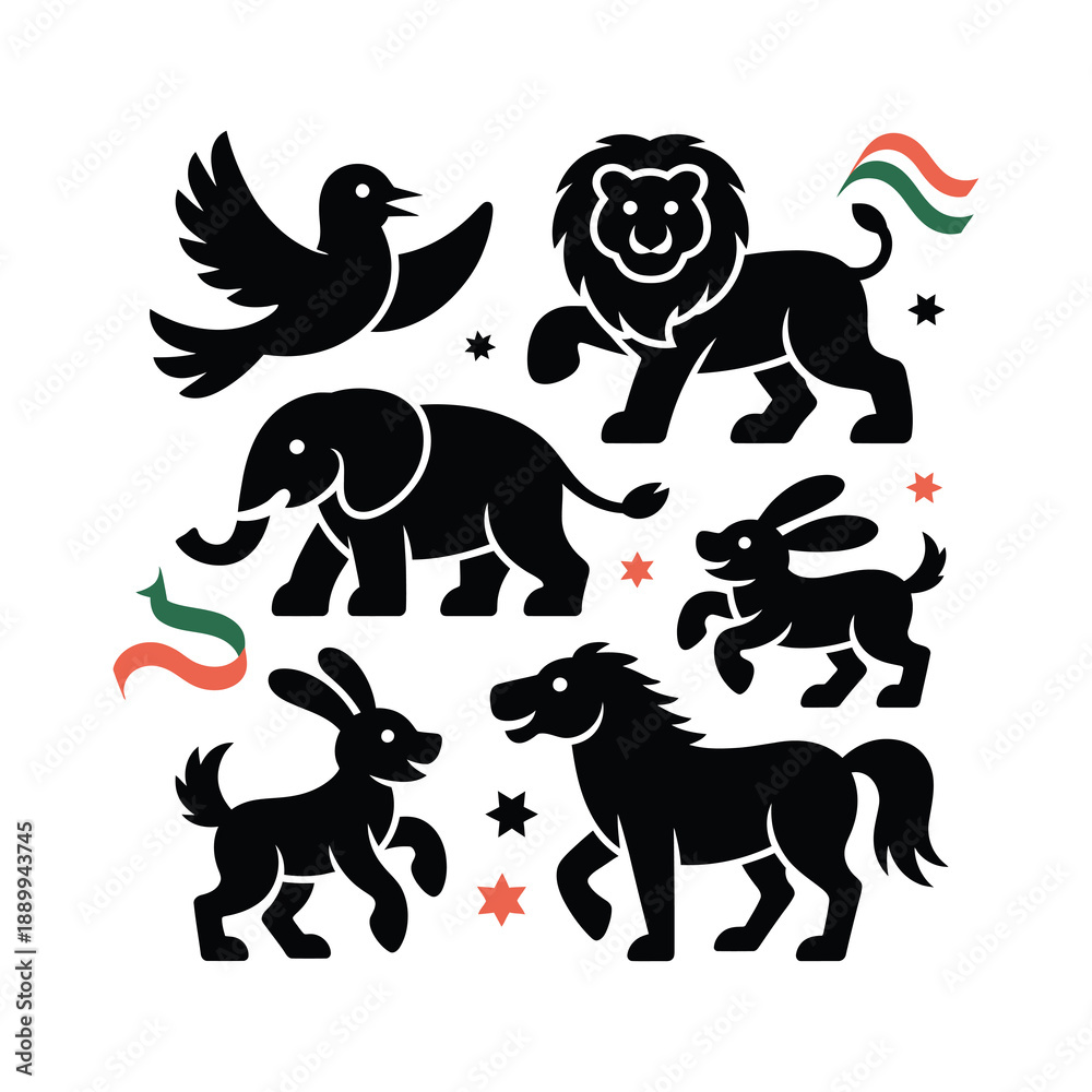 Naklejka premium Silhouette Cartoon Juneteenth-themed animal collection.