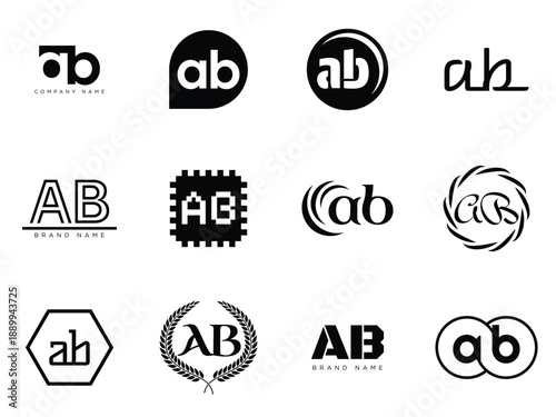 AB logo company template. Letter a and b logotype. Set different classic serif lettering and modern bold text with design elements. Initial font typography.