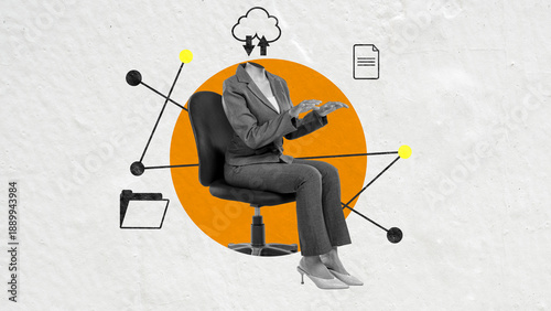 Photos Contemporary art collage featuring a headless woman in a suit with cloud technology, data icons, and network connections