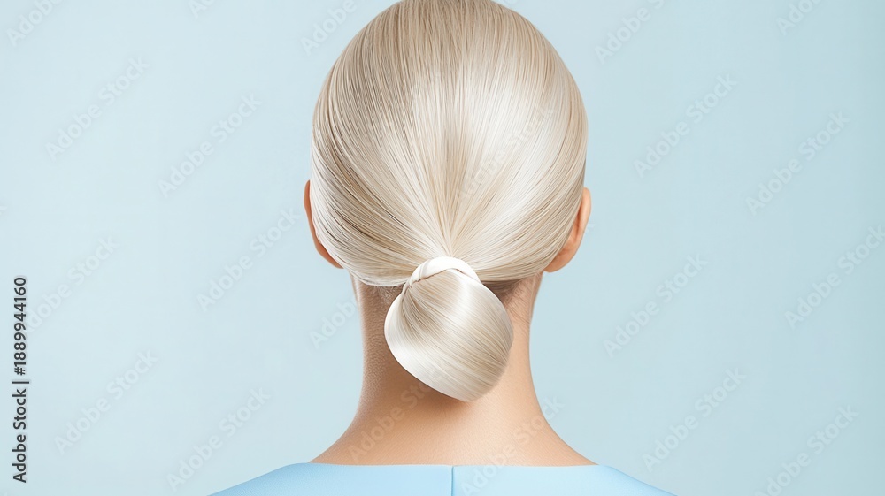 Obraz premium Woman with blonde shiny hair tied in a stylish ponytail, showcasing healthy beauty with bow elegant