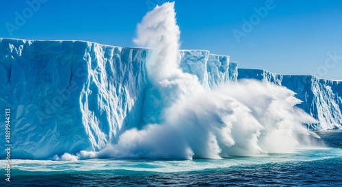 Iceberg collapsing into the ocean with splashing water and clear blue sky.