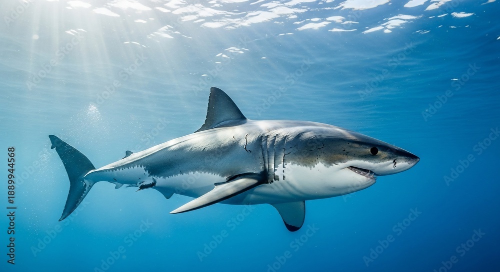 Naklejka premium Great white shark swimming in the ocean with sunlight filtering through the water.