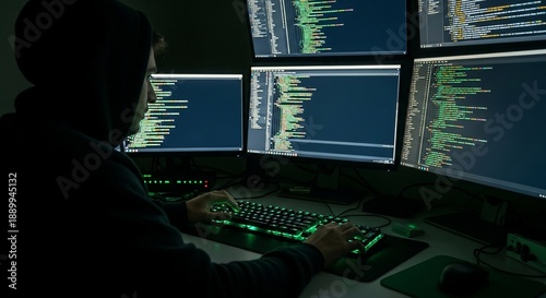 Hacker working on multiple computer screens with code.