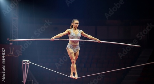 Female tightrope walker balancing on high wire with balancing pole in circus performance.