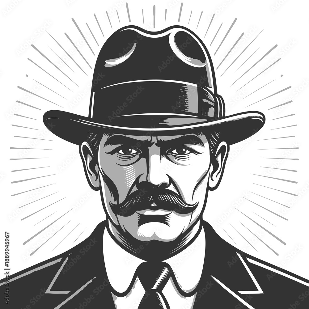 Fototapeta premium stern-faced man with a mustache wearing a fedora and suit, styled in classic early 20th-century fashion sketch engraving generative ai raster illustration. Scratch board imitation. Black and white.