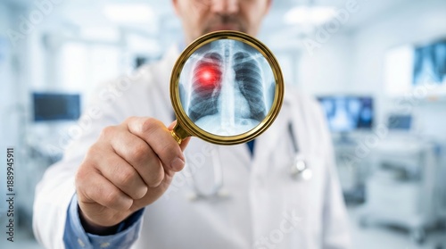Doctor holding magnifying glass to check lung cancer on x-ray film with red tumor spot for medical diagnosis and oncology screening concept.