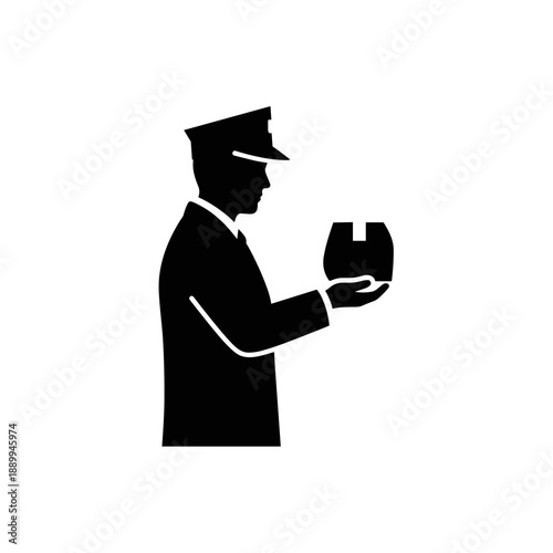 A silhouette of a uniformed delivery person holding a package, representing efficient and reliable parcel service and logistics.