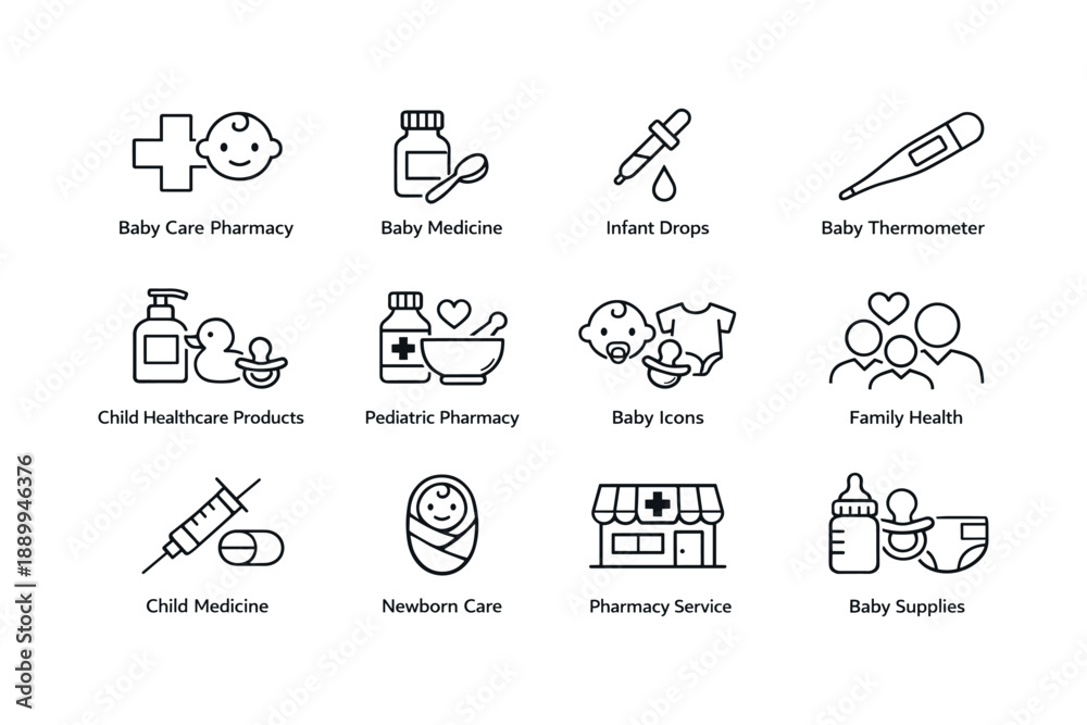 Fototapeta premium Baby care and health icons set featuring medicine, thermometer, and supplies
