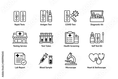 Medical testing icons: rapid tests, diagnostic kits, health screening, lab equipment