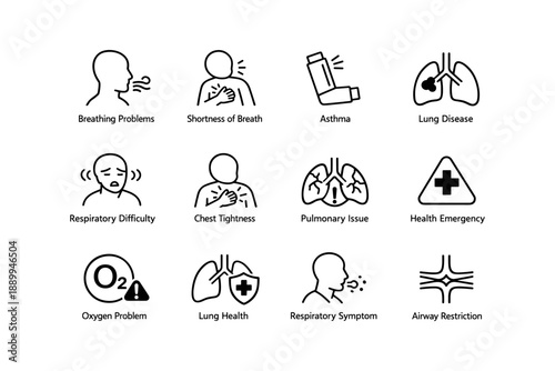 Breathing and lung health icons representing respiratory issues and medical emergencies