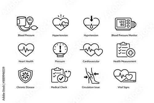 Cardiovascular health icons: blood pressure, heart, circulation, monitoring, medical check
