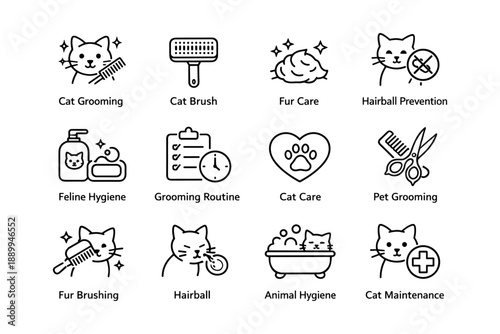 Cat grooming essentials: brushes, fur care, hygiene, hairball prevention icons