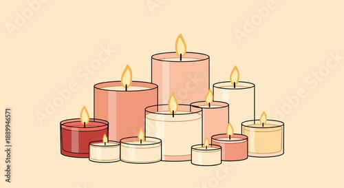 Group of scented candles in various glass jars and sizes burn with a warm glow providing a cozy and relaxing ambient light.