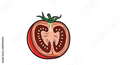 Vibrant cross-section of a ripe red tomato reveals the internal structure including juicy segments and small yellow seeds inside.
