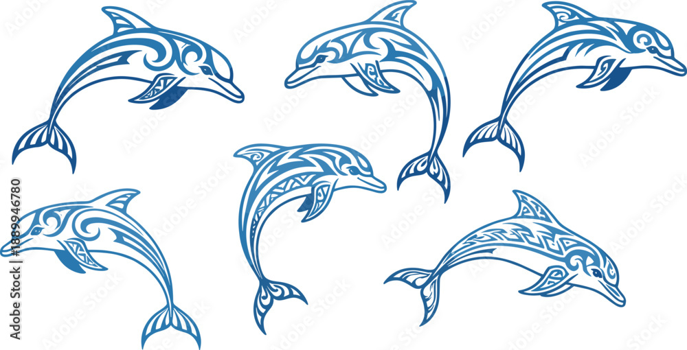 Naklejka premium Tribal Dolphin Vector Set with Stylized Ocean Animal Line Art for Tattoo Designs, Marine Logos, Surf Branding, and Decorative Aquatic Graphics