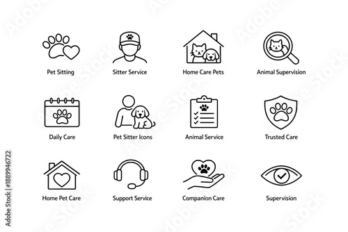 Pet care icons set: pet sitting, animal supervision, daily care, trusted service