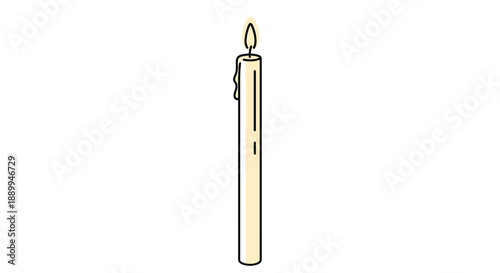 Minimalist icon of a tall slender burning candle features a single flame and a small drip of melting wax for a simple aesthetic.