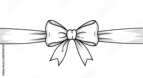 Engraved-style illustration features a large decorative ribbon bow with two long ends extending across the horizontal frame.