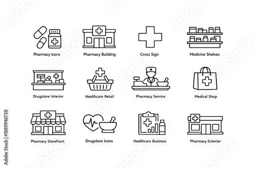 Pharmacy icon set: medicine, healthcare, drugstore, pharmacy shop, medical symbols