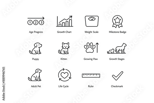 Collection of black and white icons representing growth, measurement, and animal life cycle