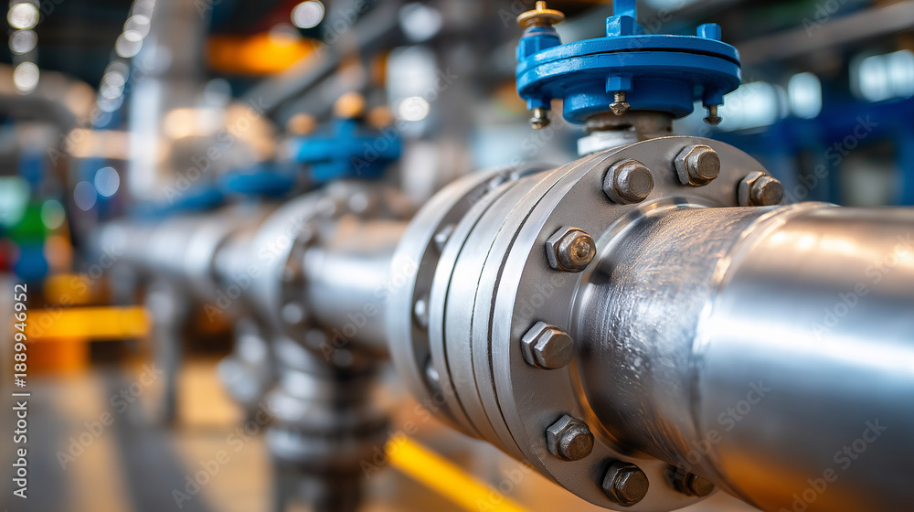 Fototapeta premium Industrial pipeline with valves and connectors, processing infrastructure, manufacturing equipment, fluid systems, mechanical components, defocused facility, with copy space