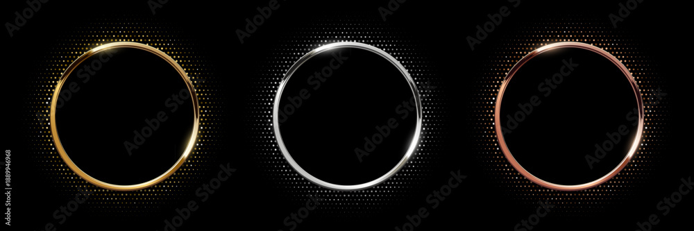 Fototapeta premium Gold, silver and bronze circle frames with dotted halftone light effect. Circular glowing metallic ring, button, stamp, emblem, sticker, label. Modern luxury abstract vector illustration.