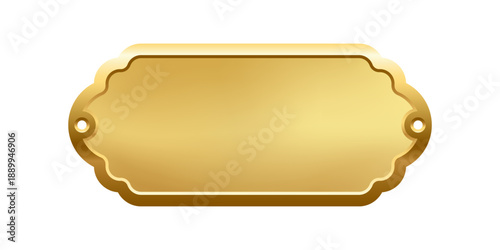 Blank golden nameplate plaque with decorative edges and screw holes. Empty metallic label for engraving, signage, awards, door signs. Realistic vector illustration.