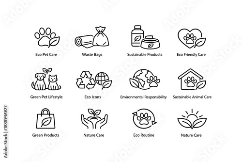 Eco-friendly pet and nature care icons featuring sustainability and environmental responsibility