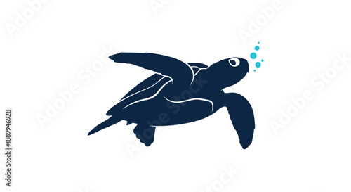 Dark silhouette of a sea turtle swimming through water is depicted with small bubbles in a minimalist and clean graphic style.