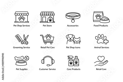 Pet shop icon set: services, accessories, food, grooming, supplies