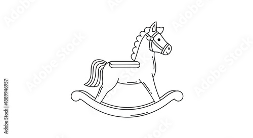 Traditional wooden rocking horse toy for children is illustrated in a clean and simple black and white line art style on white.